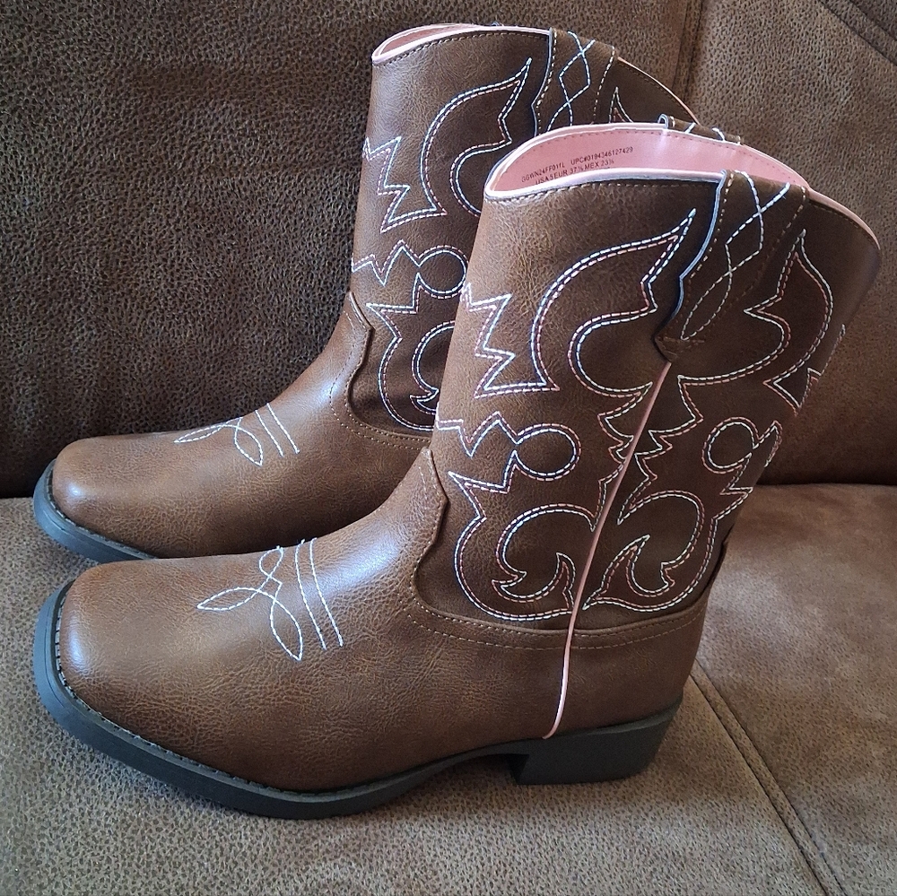 Wonder Nation Brown Western Cowgirl Boots with Pink Trim Girls' Size 5